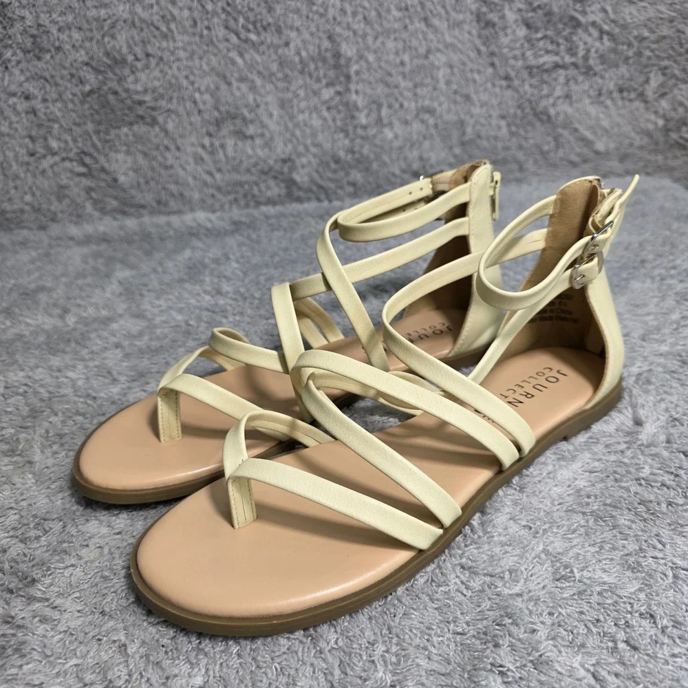 Journee Collection Gladiator Sandals Cream Strappy‎ Flat Women 6.5 NEW